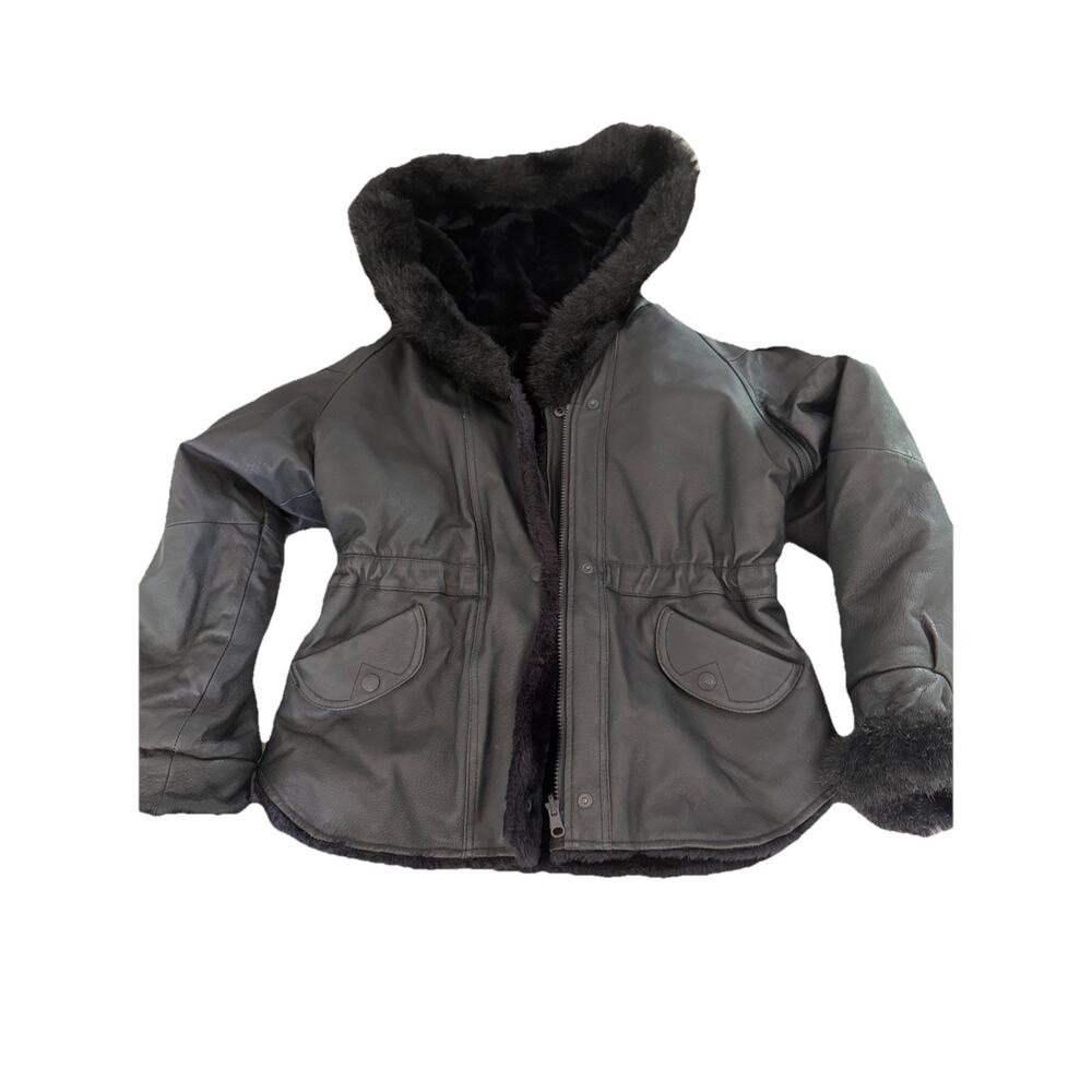 New Moves Black Reversible Faux Fur & Leather Jacket Girls Size Medium 10/12